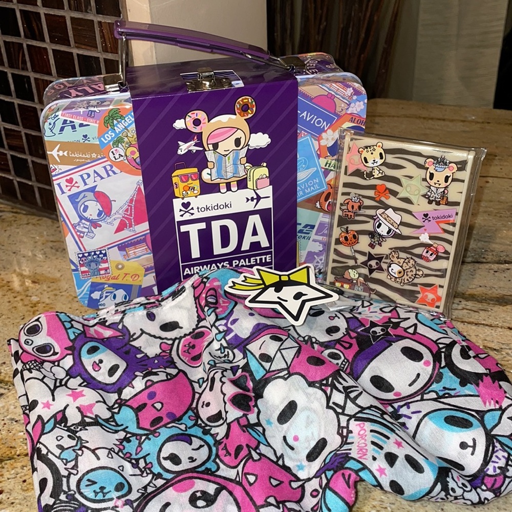 Vintage TOKIDOKI Eyeshadow Make-Up TIN SET Compact Lions MIRROR Neon Star SCARF